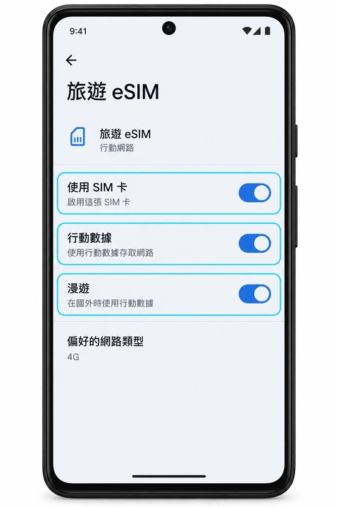 旅遊 eSIM 的使用 SIM 卡、行動數據與漫遊開關
