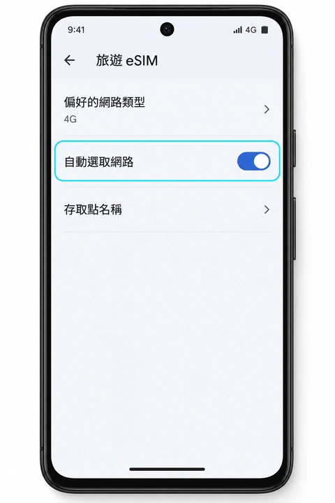 旅遊 eSIM 的自動選取網路與存取點名稱