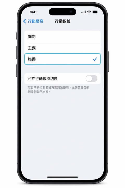 行動數據選旅遊，允許行動數據切換關閉