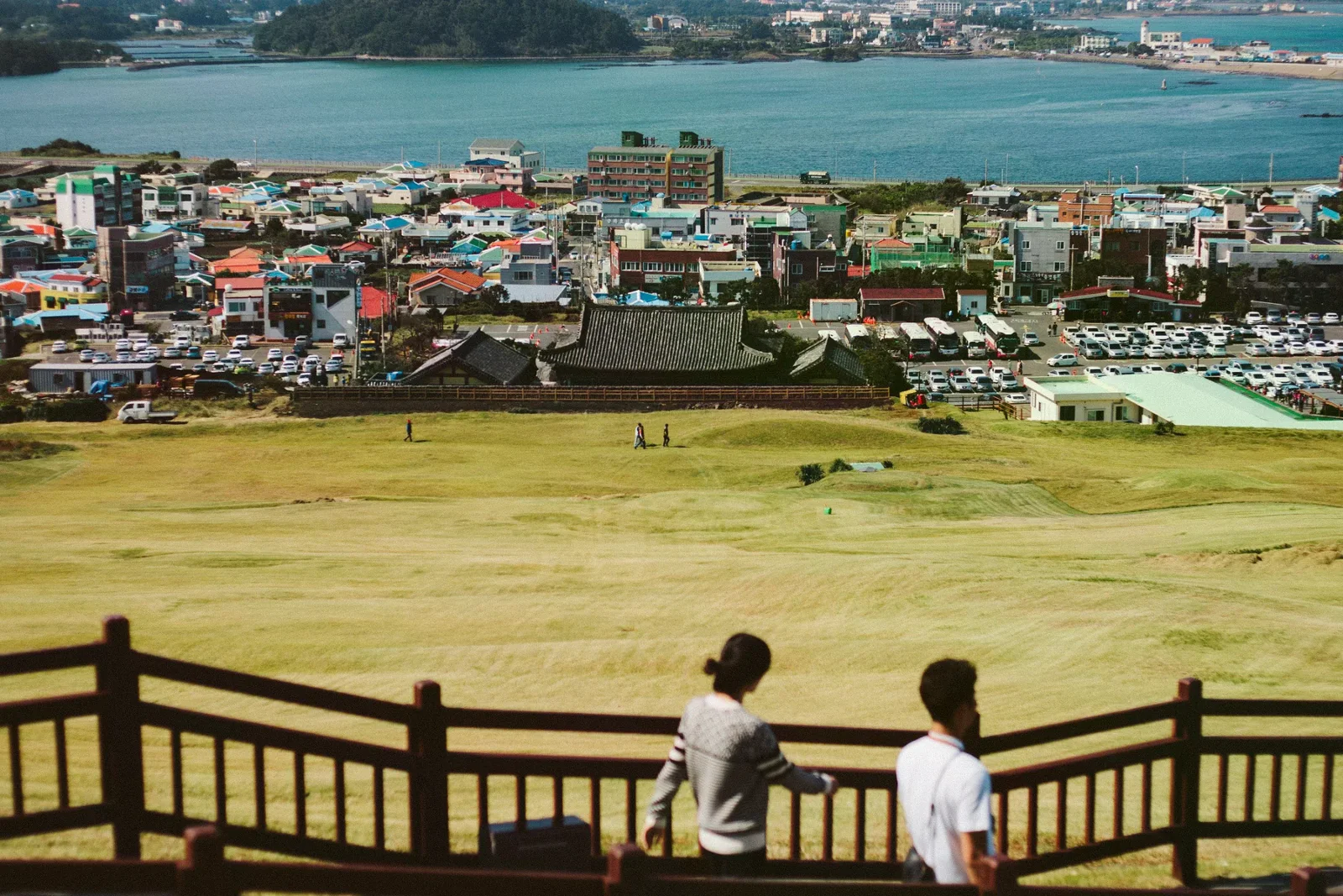 濟州島的海岸聚落、草地與遠處海面，作為濟州住宿選區的目的地照片