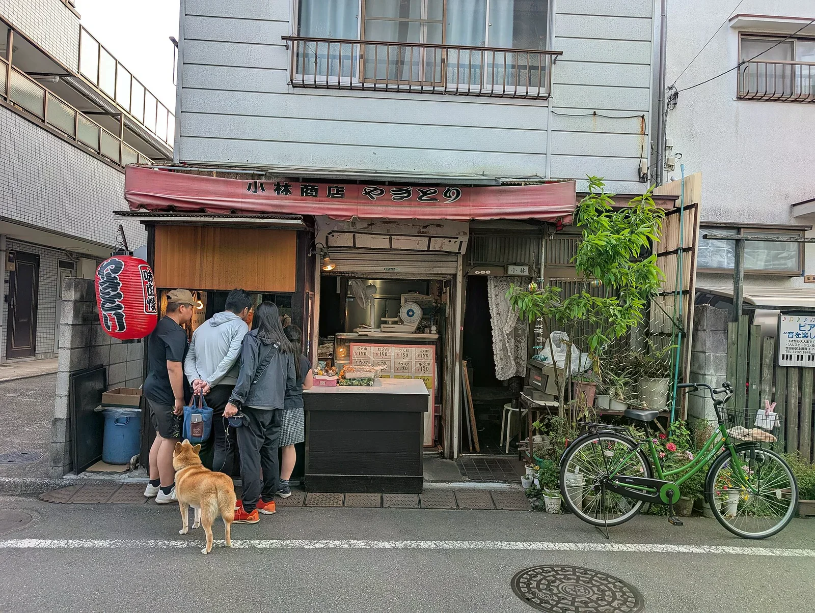 東京世田谷一間老派串燒小店，紅色布簾寫著小林商店やきとり，門口掛著紅色提燈，幾位客人站在開放式吧台前點餐，前方還有一隻柴犬