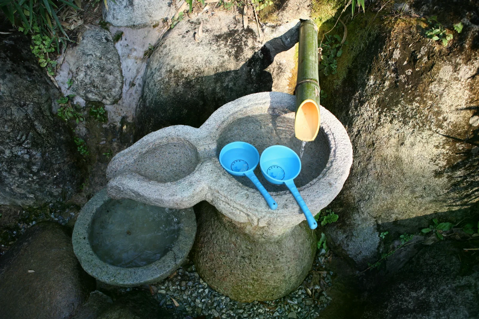 潭陽竹綠苑竹林中的石製水槽與竹製出水口，旁放兩支藍色水杓