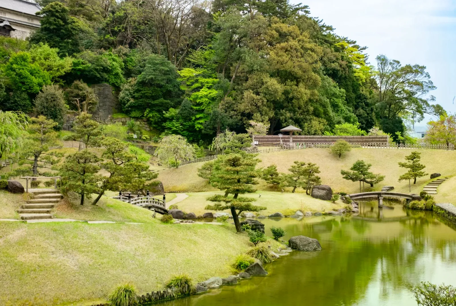 金澤兼六園池水、樹木和石橋的園景照片