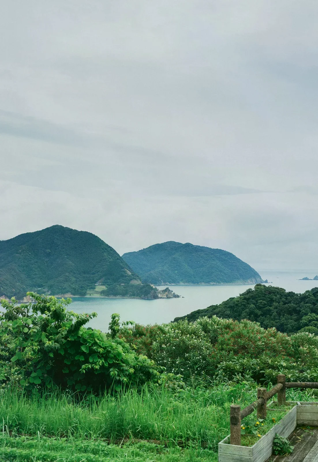海岸遠望海面與綠色山坡