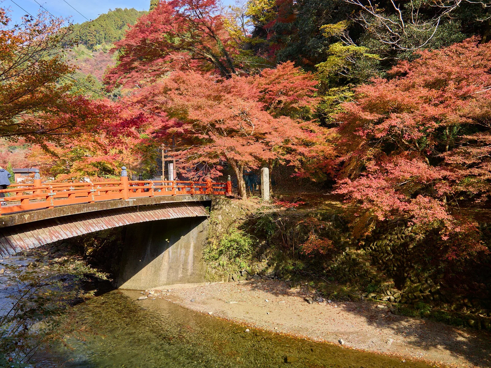 京都高雄山間一座朱紅欄杆的小橋跨越溪流，兩旁滿是紅橙色的楓樹。