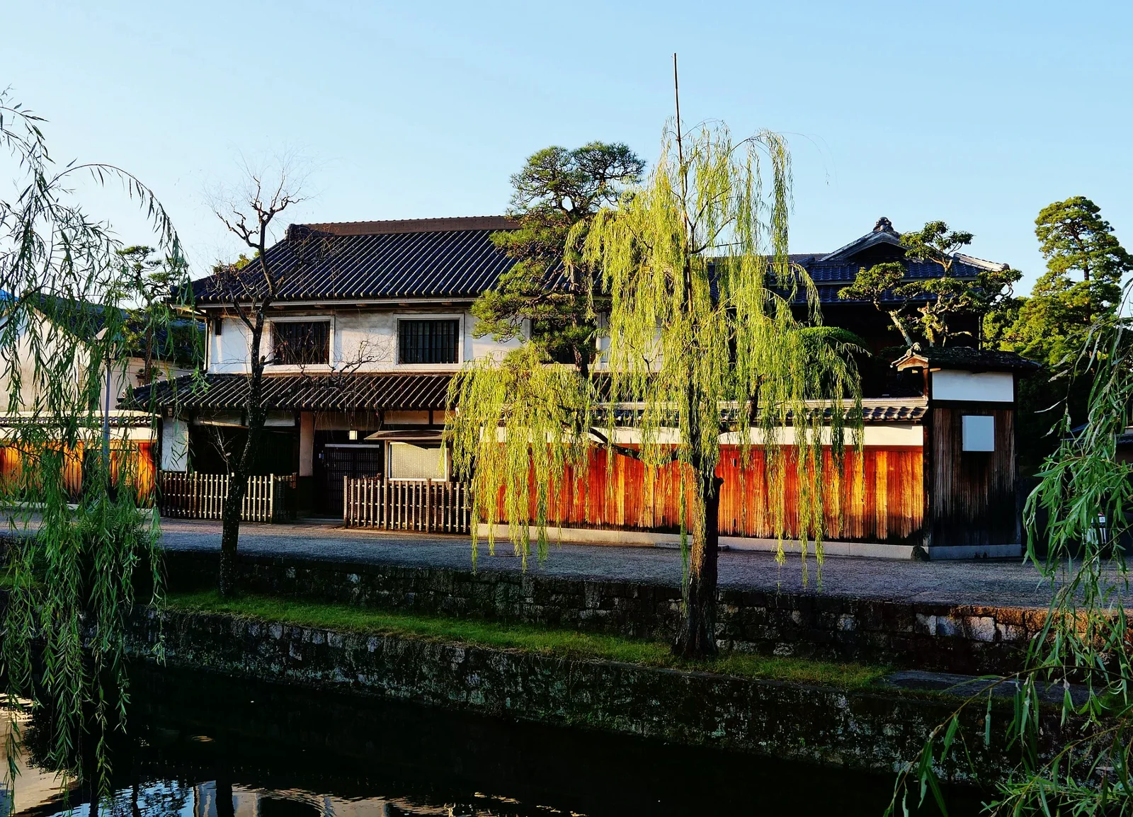倉敷川旁白壁建築前垂著柳枝，夕陽照亮木門與石岸（2023 年照片）