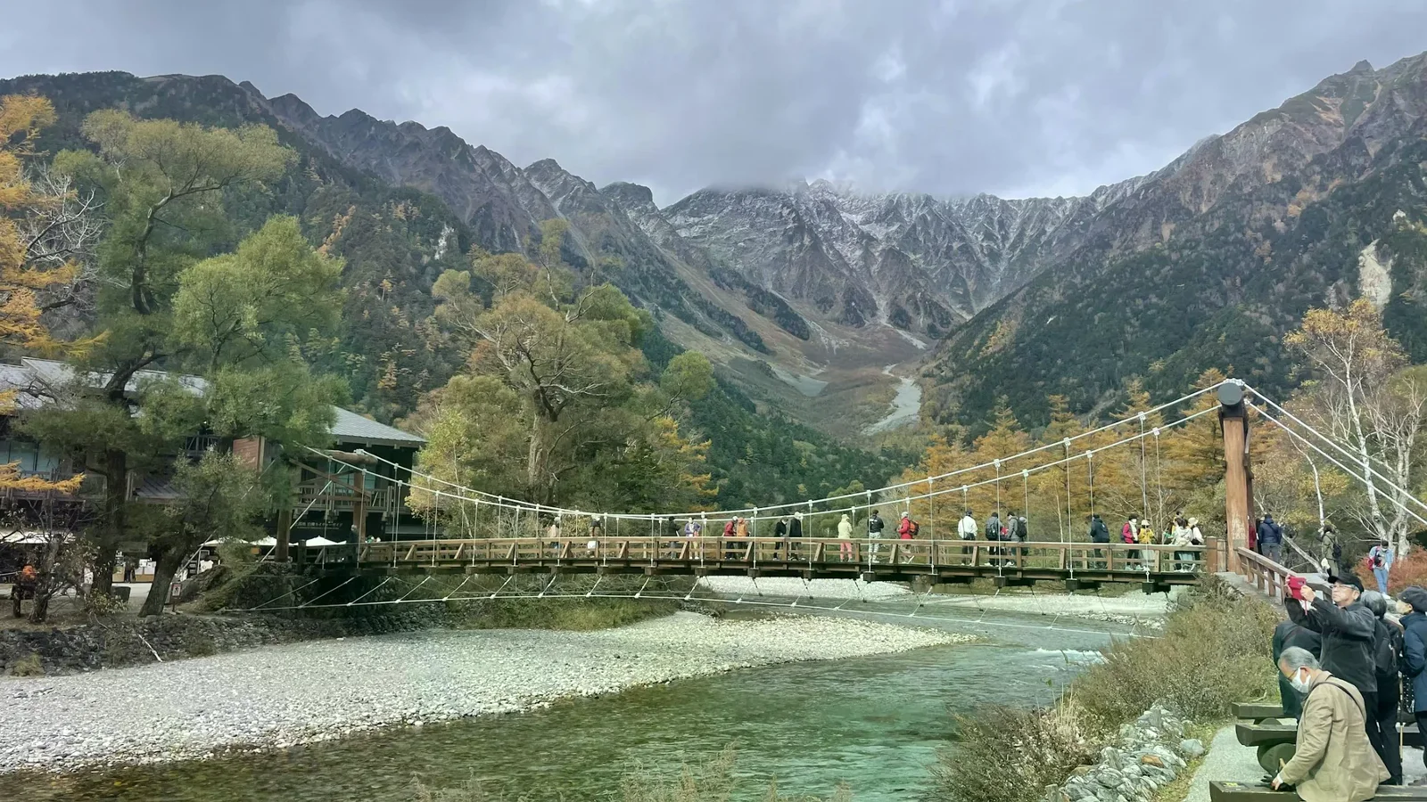 上高地河畔的橋上有步行旅客，遠處是山景與河流