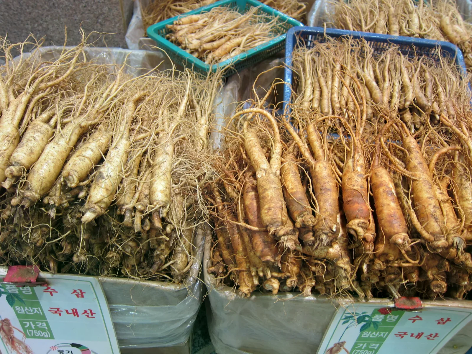 豐基市場鮮人蔘陳列與韓文產地牌，2010 年照片