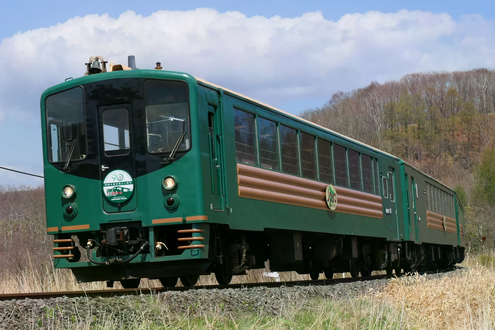 綠色釧路濕原 Norokko 觀光列車行駛在草木稀疏的鐵道旁