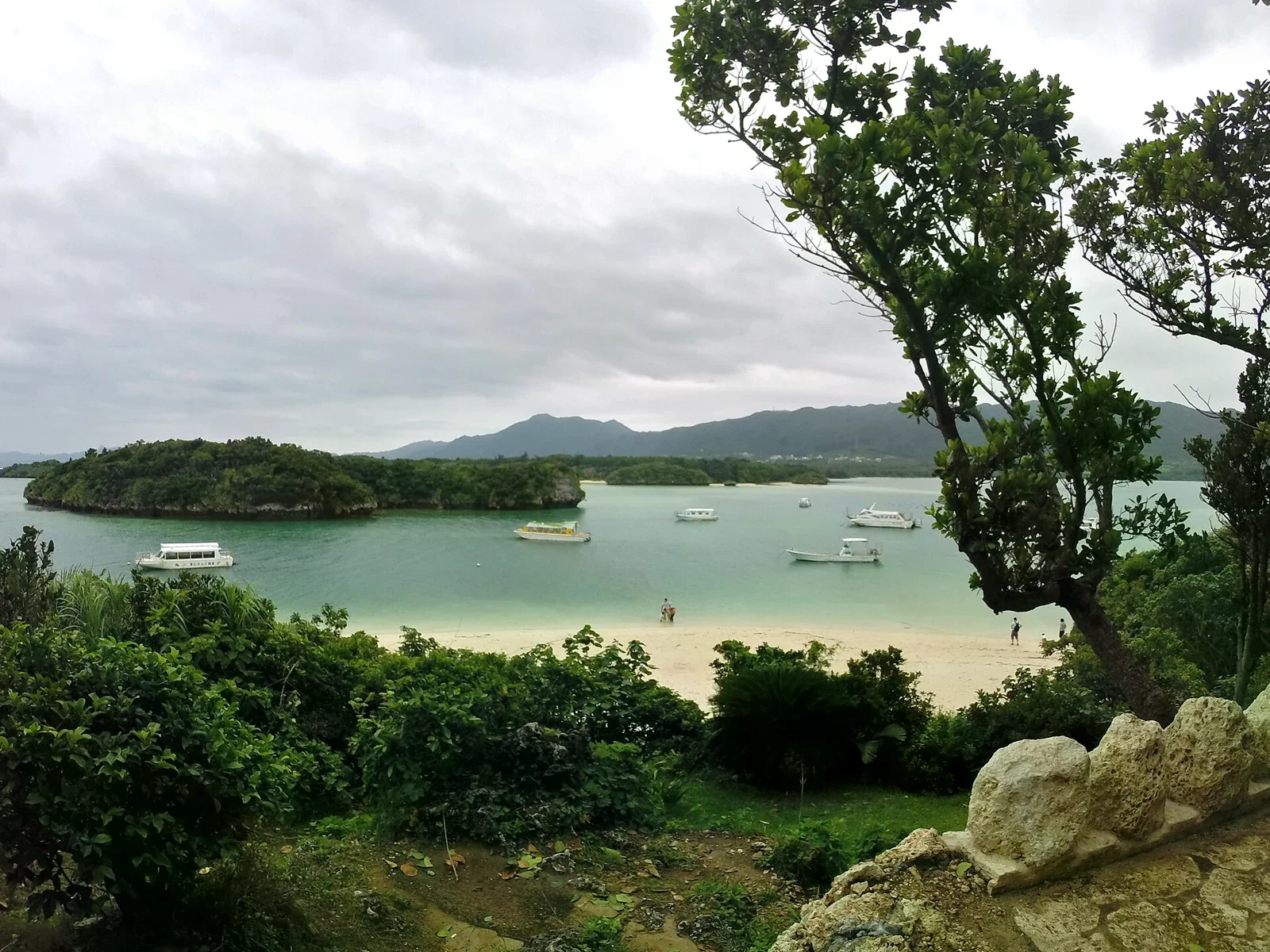 石垣島川平灣碧綠海水、岸邊樹木與灣內遊船。