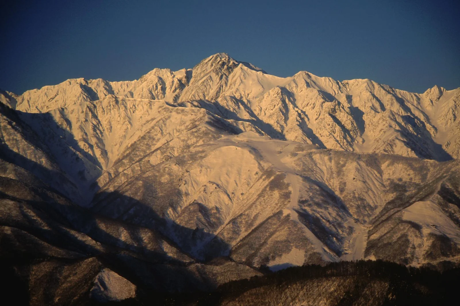 東側遠望白馬村與大町一帶的冬季五龍岳稜線