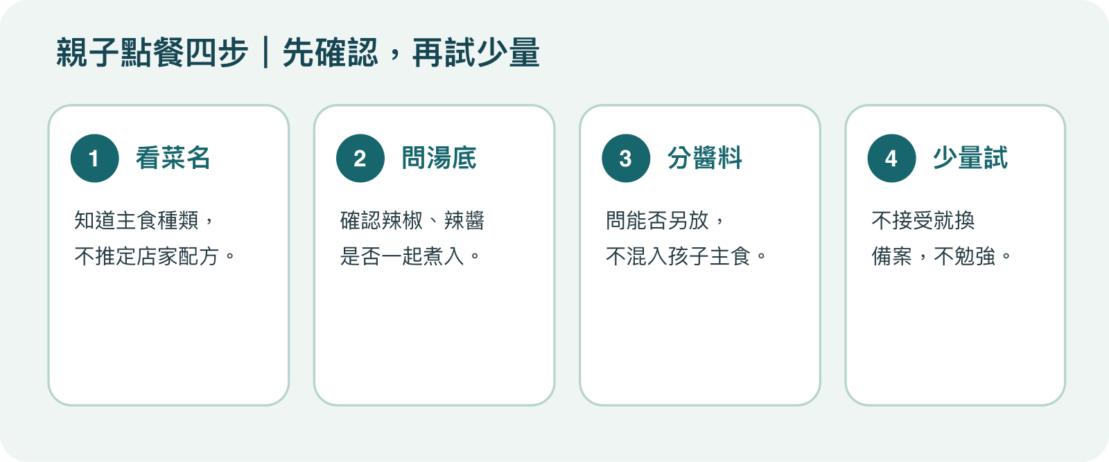 親子點餐四步驟：看菜名、問湯底或醬料、確認配菜、孩子少量試吃後再決定