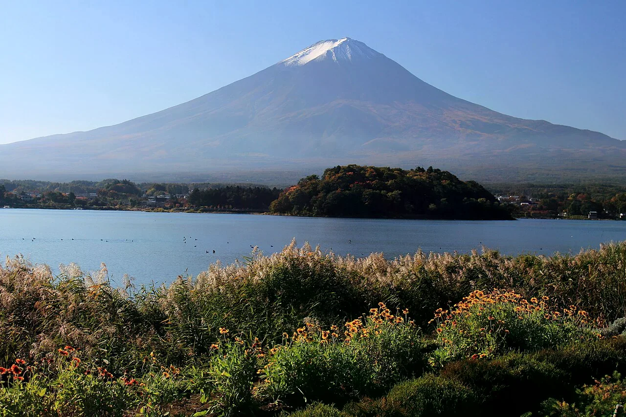 從河口湖大石公園望向富士山與湖面，2015年10月照片