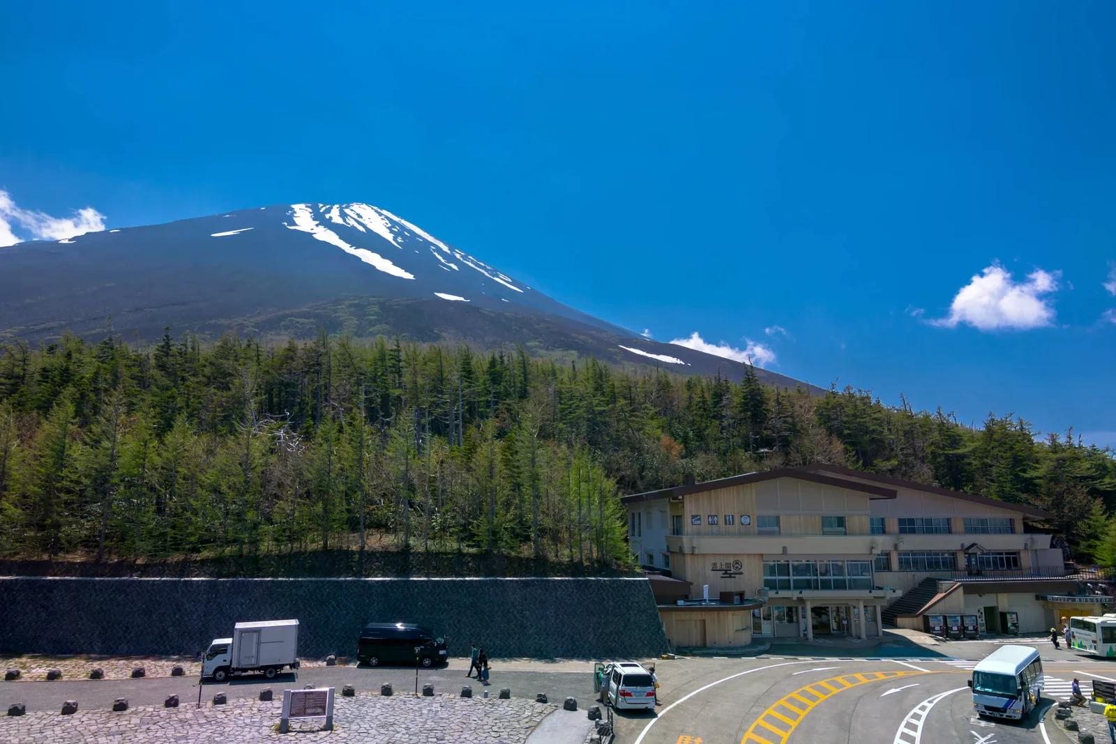 晴天的富士山坡與五合目建築、巴士轉盤