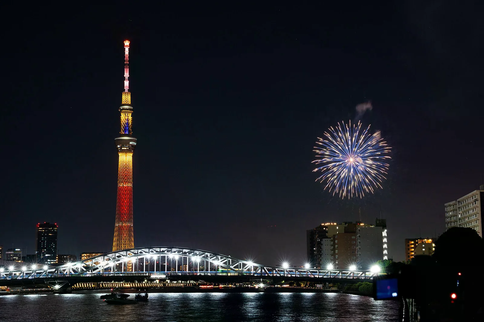 東京晴空塔點燈的夜晚，隅田川上空一朵藍色大型花火綻放，前方是發亮的鋼橋與河岸城市