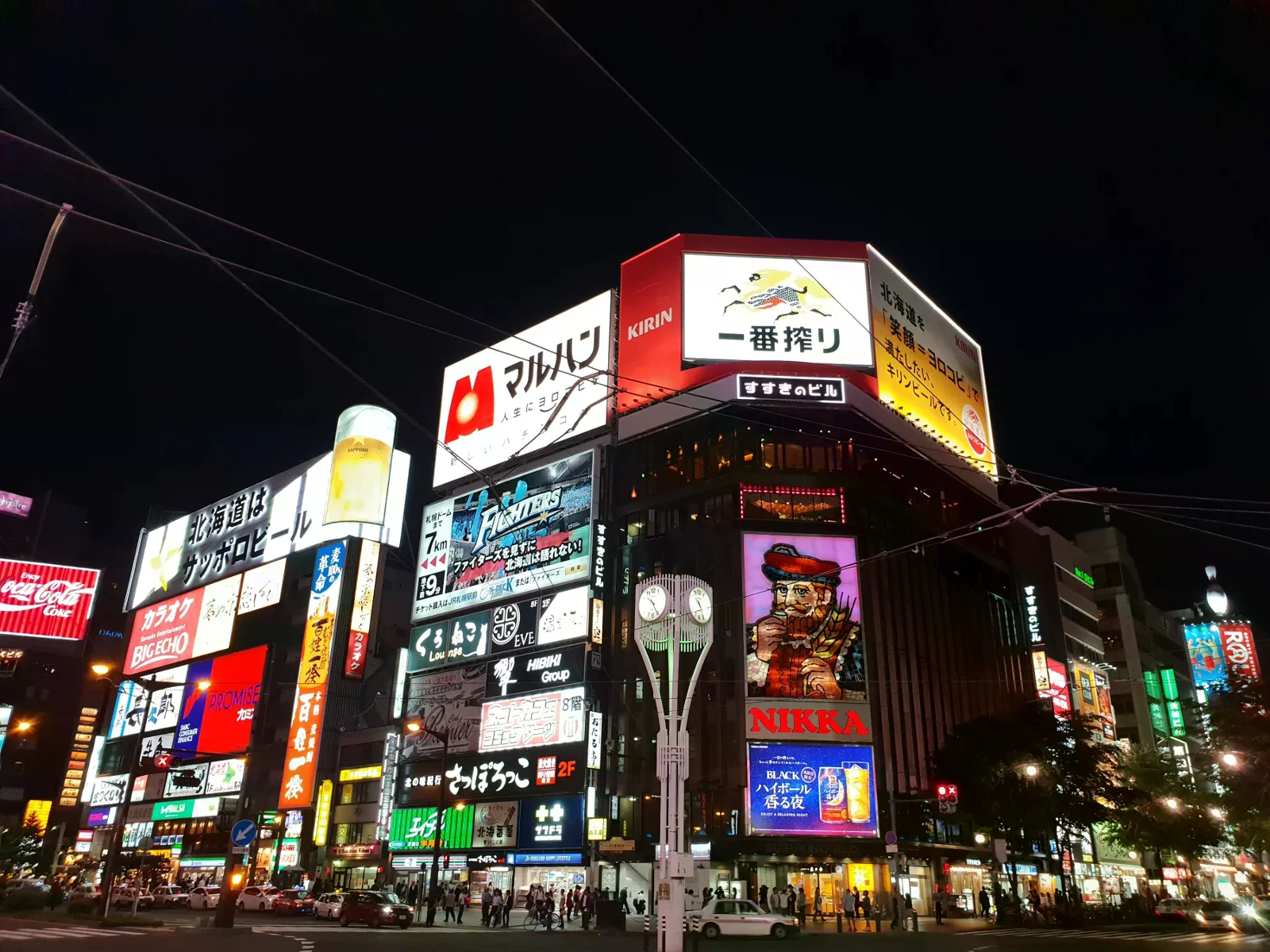 夜間的札幌薄野街口，建築外牆有多面招牌與霓虹燈