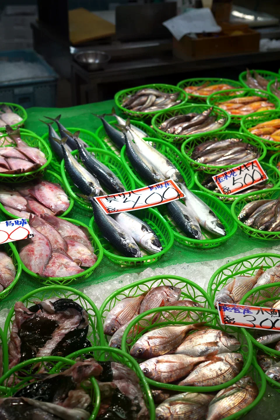近江町市場鮮魚攤位陳列不同魚貨與價牌