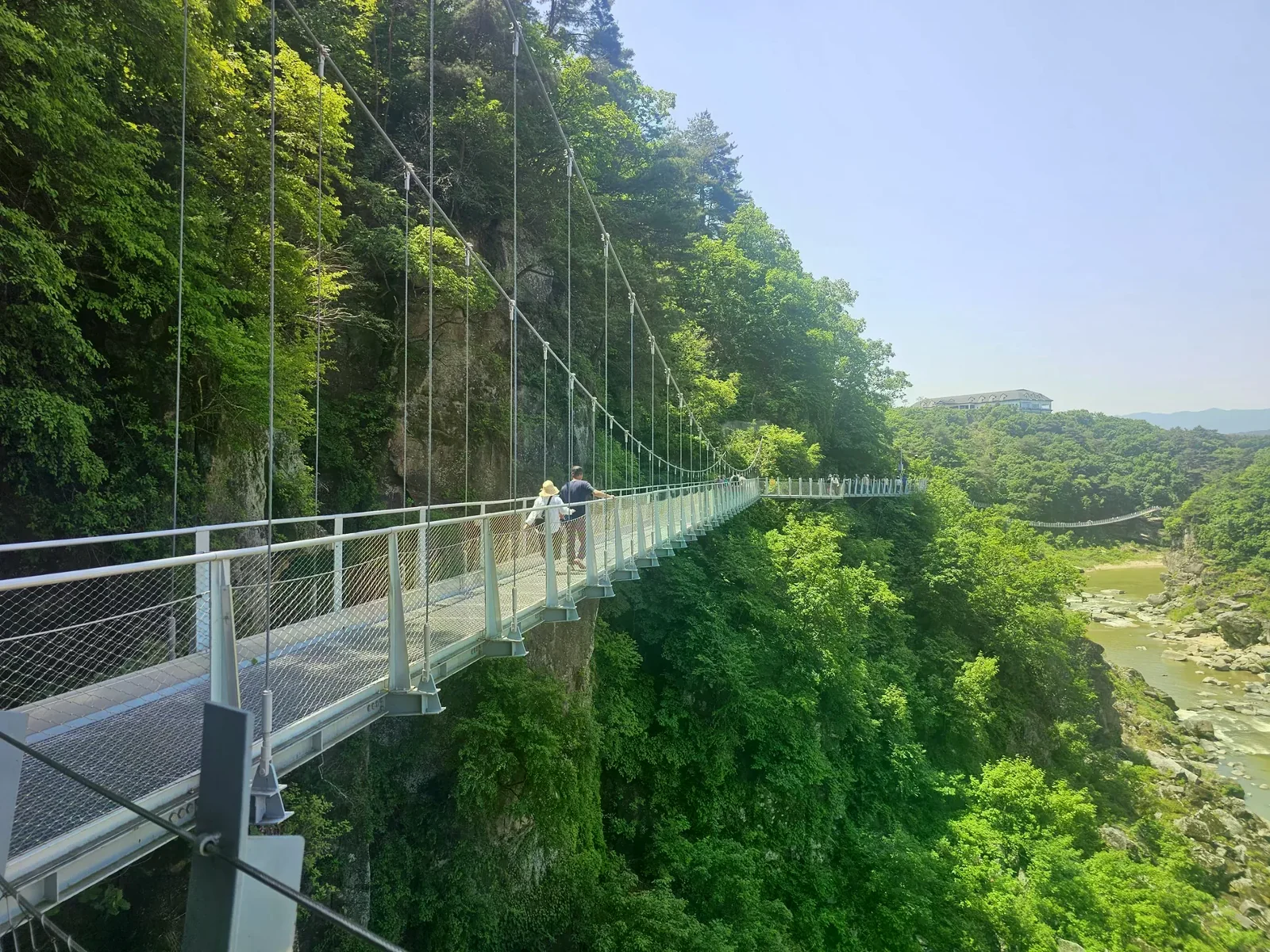 鐵原漢灘江柱狀節理步道的金屬棧道貼著綠色峽谷前行，欄杆旁有成人步行作比例參照