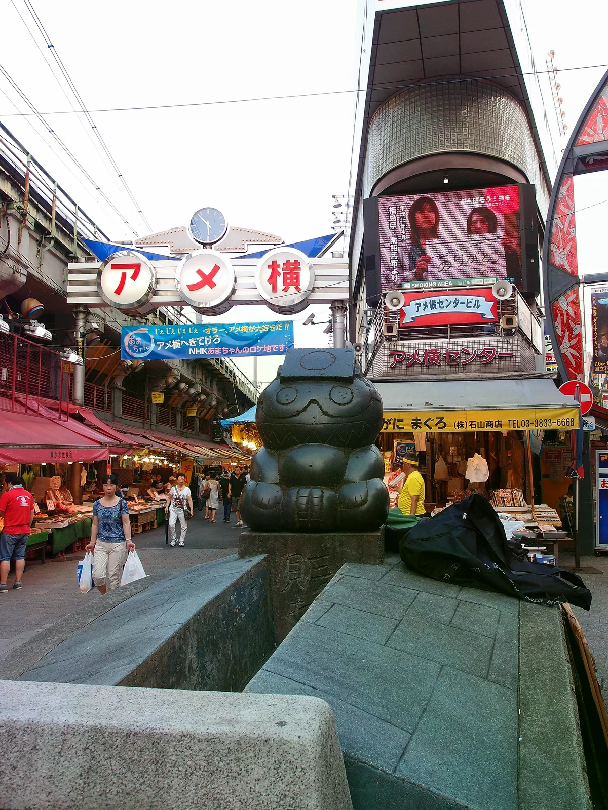 上野阿美橫丁商店街入口，拱廊招牌下兩旁是攤販與通行路人
