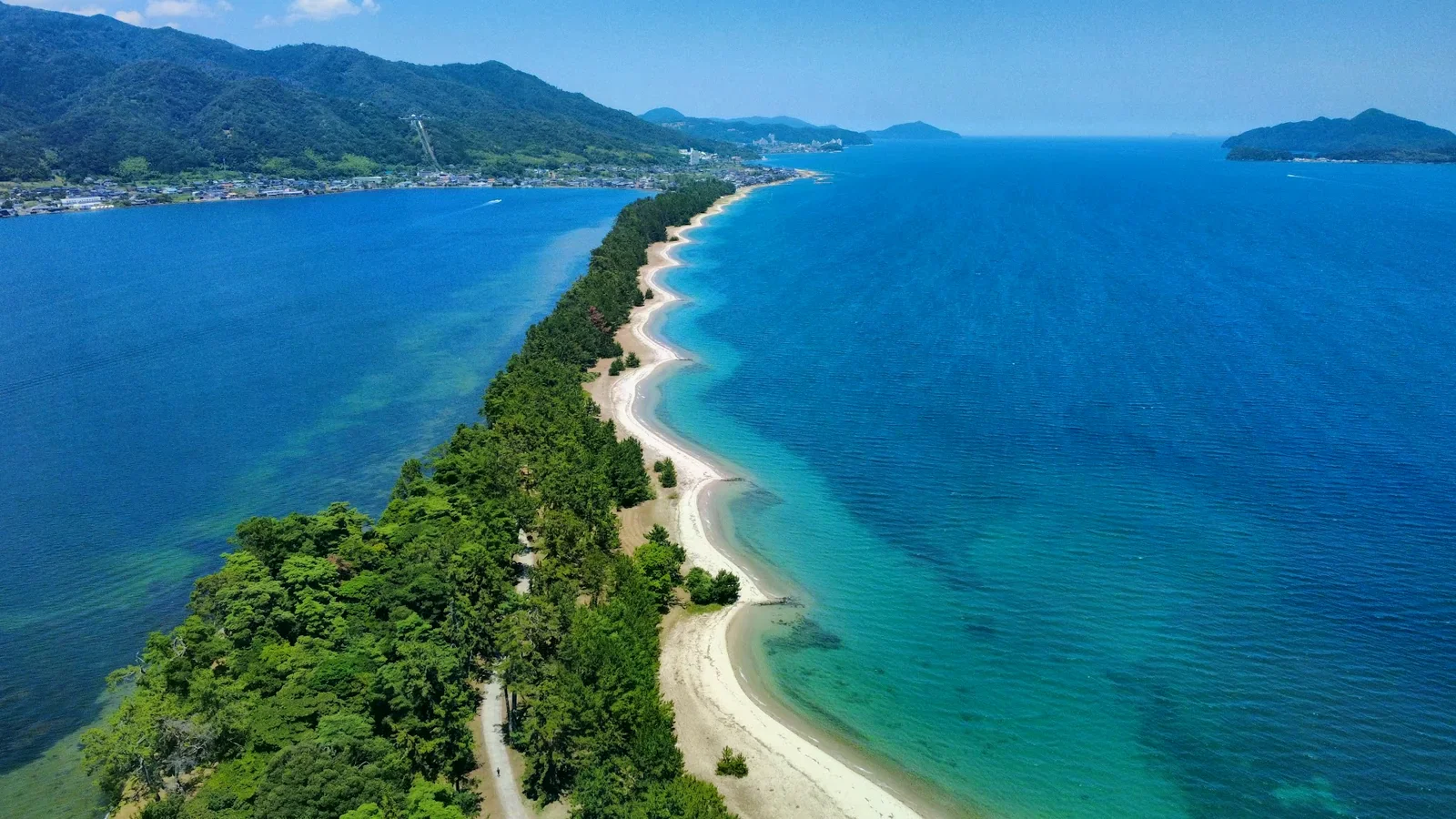 夏日空拍視角，松並木構成的沙洲橫亙在兩片藍海之間